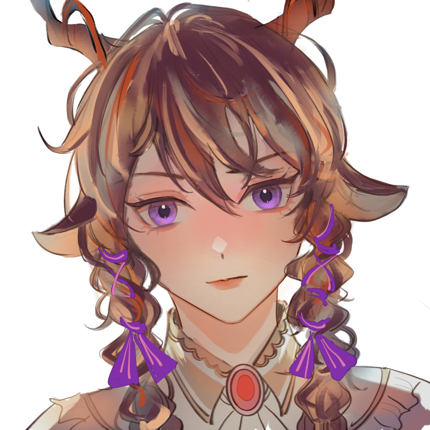 animal_ears arknights braid brown_hair character_request check_character closed_mouth collared_shirt ebenholz_(arknights) flower hair_between_eyes hair_flower hair_ornament hair_ribbon highres honeywilde horns long_hair looking_at_viewer petals pink_flower portrait purple_eyes purple_ribbon ribbon shirt simple_background smile solo twin_braids upper_body white_background white_shirt