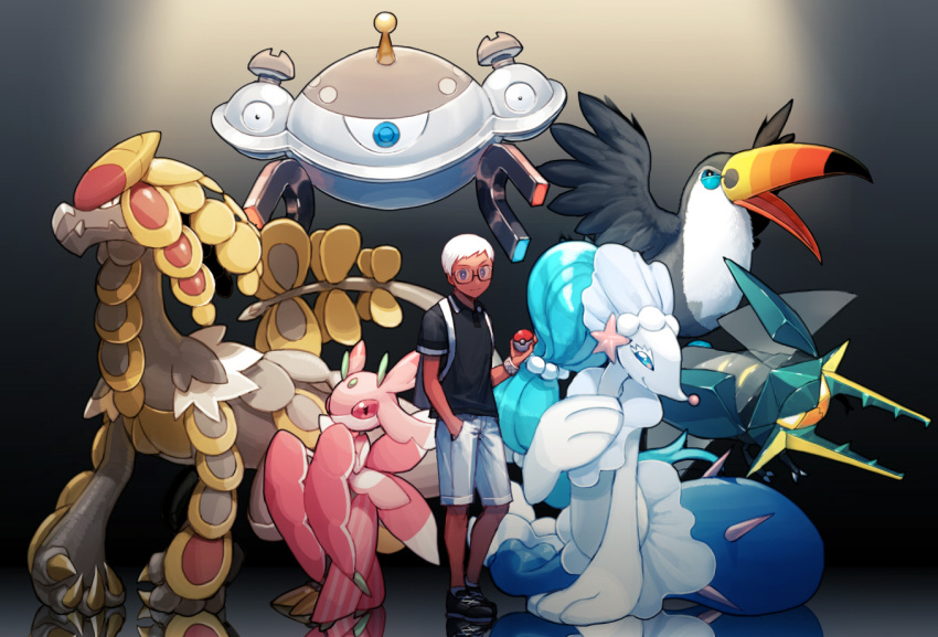 1boy backpack bag black_shirt dark_skin dark_skinned_male gen_7_pokemon hand_in_pocket haneten_kagatsu holding holding_poke_ball kommo-o lurantis magnezone poke_ball pokemon pokemon_(game) pokemon_sm primarina shirt shoes shorts sneakers t-shirt toucannon vikavolt white_hair you_(pokemon)