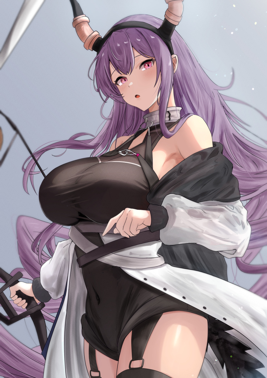 1girl absurdres arknights bare_shoulders black_dress black_thighhighs breasts dress garter_straps highres horns large_breasts long_hair long_sleeves looking_at_viewer purple_hair red_eyes simple_background solo sora_mame_(princess_0sora) tail thighhighs thighs typhon_(arknights)