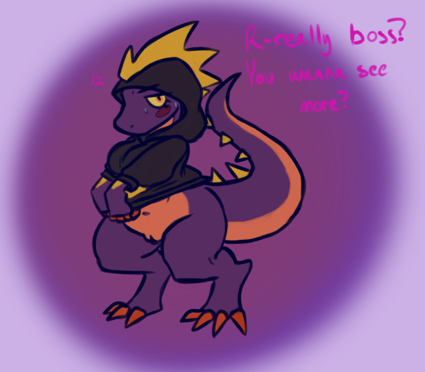 anthro blush bottomless bottomless_female clothed clothing female half_naked hi_res leezpunk lizard pal_(species) palworld ravenpen15 reptile scalie shy simple_background solo text