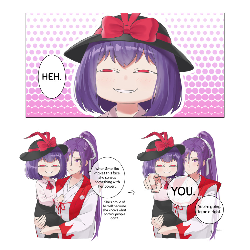 2girls absurdres anya's_heh_face_(meme) aroevela bow bright_pupils commentary english_commentary english_text hat hat_bow highres japanese_clothes kimono looking_at_viewer meira_(touhou) meme multiple_girls nagae_iku outline pointing pointing_at_viewer ponytail purple_eyes red_bow red_eyes speech_bubble spy_x_family touhou touhou_(pc-98) white_kimono white_outline white_pupils