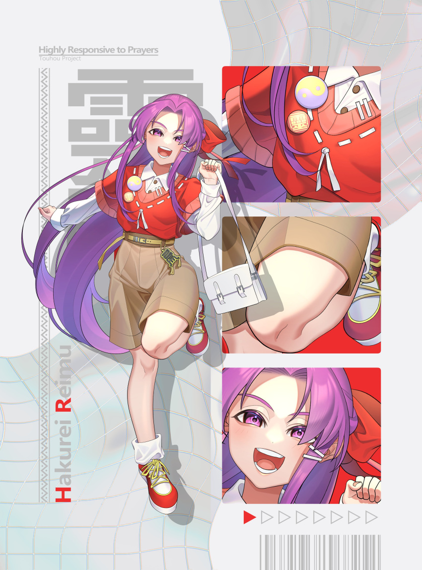 1girl absurdres alternate_costume ascot barcode belt bow brown_shorts buttons character_name guumin hair_bow hakurei_reimu hakurei_reimu_(pc-98) highly_responsive_to_prayers highres long_hair long_sleeves puffy_long_sleeves puffy_sleeves purple_hair red_footwear red_vest ribbon-trimmed_collar ribbon_trim shirt shoes shorts title touhou touhou_(pc-98) very_long_hair vest white_bag white_shirt