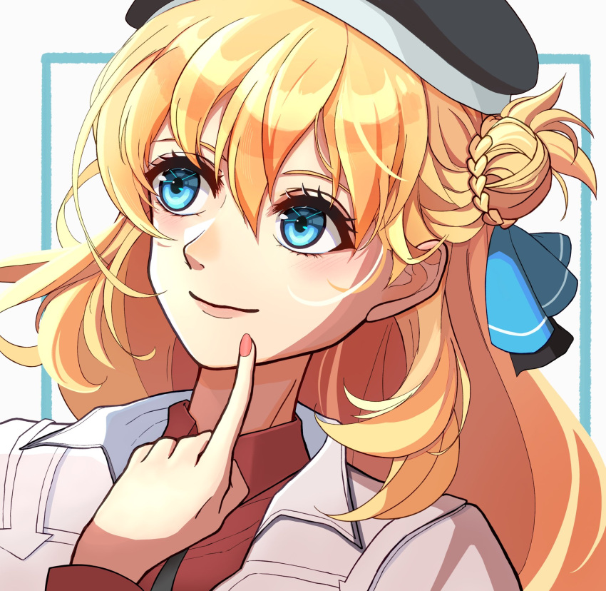 1girl agnes_claudel beret blonde_hair blue_border blue_eyes border braid braided_bun double-parted_bangs eiyuu_densetsu finger_to_mouth hair_between_eyes hair_bun hat highres kuro_no_kiseki kuro_no_kiseki_ii long_hair nail_polish riwancece_428 simple_background smile solo white_background