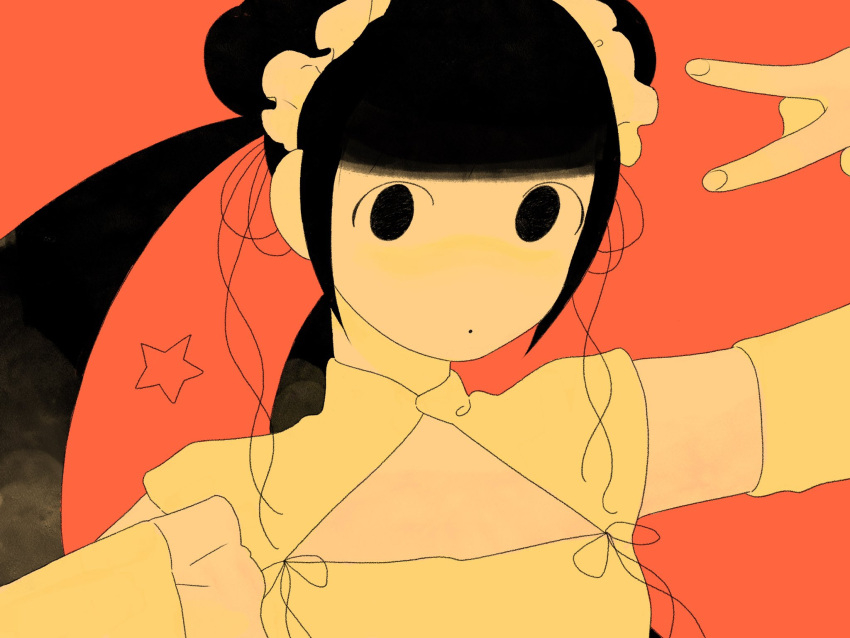 1girl :o arm_up black_eyes black_hair cheese_000070 cleavage_cutout clothing_cutout detached_sleeves double_bun dress empty_eyes frilled_dress frilled_sleeves frills hair_bun hair_ornament hair_scrunchie hand_up highres limited_palette long_hair long_sleeves looking_at_viewer mandarin_collar no_sclera orange_background original scrunchie short_sleeves simple_background sleeves_past_fingers sleeves_past_wrists solo star_(symbol) twintails upper_body v wide_sleeves yellow_dress