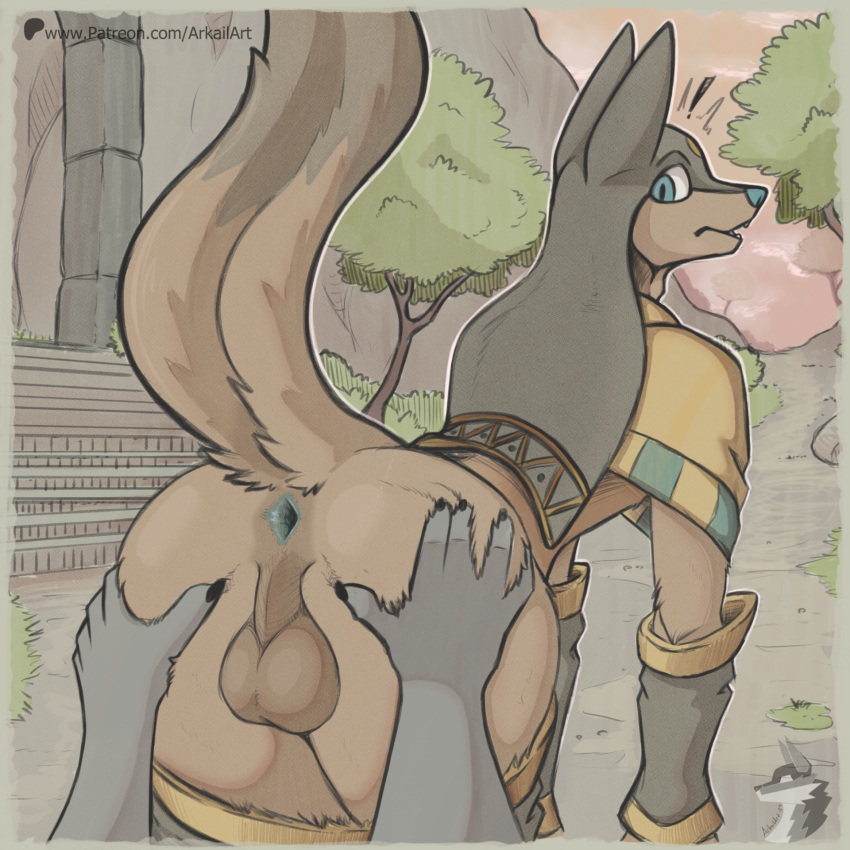 anthro anubis_(pal) anus arkailart backsack balls bent_over blue_eyes blue_nose brown_body brown_fur butt butt_grab duo fur genitals hand_on_butt hi_res male male/male pal_(species) palworld perineum presenting presenting_anus spread_butt spreading