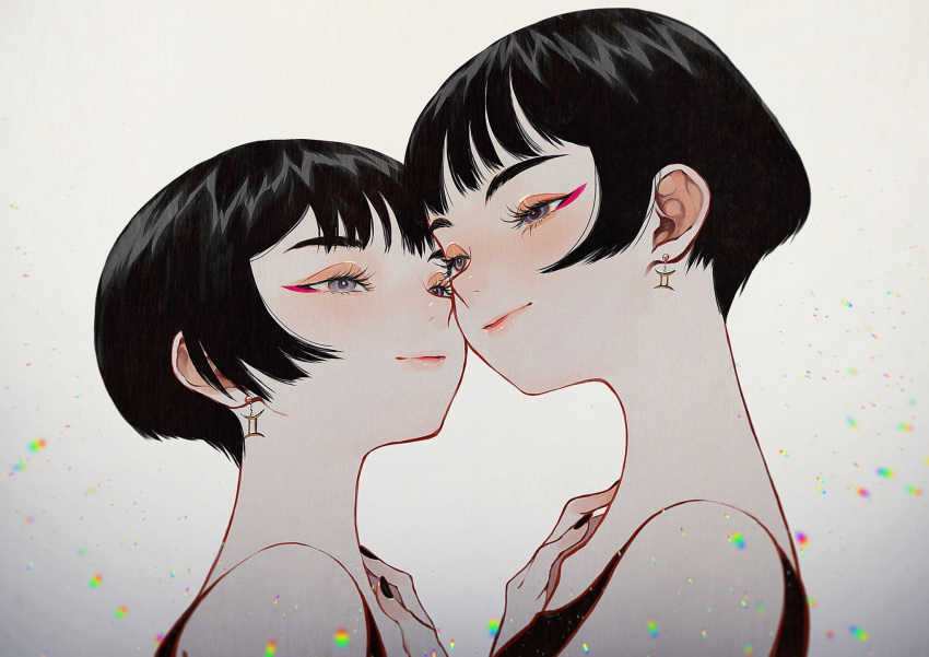 2girls bare_shoulders black_hair black_nails cheek-to-cheek closed_mouth collarbone commentary earrings eyelashes eyeliner eyeshadow from_side gemini_(symbol) gemini_(zodiac) hand_on_another's_shoulder heads_together highres jewelry light_particles lipstick looking_at_another looking_to_the_side makeup multiple_girls nail_polish original pixie_cut portrait purple_eyes short_hair siblings sidelocks sisters sleeveless smile symbol-only_commentary twins very_short_hair white_background yumeko_(yumeyana_g) zodiac