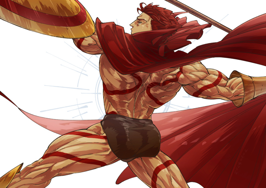 1boy aiming ass bara biceps cape fate/grand_order fate_(series) fighting_stance full-body_tattoo highres holding holding_polearm holding_weapon leonidas_(fate) male_focus male_swimwear manly mature_male muscular muscular_male polearm red_eyes red_hair shield short_hair sib_(utau7) simple_background solo spear swim_briefs tattoo thick_arms thick_thighs thighs weapon white_background