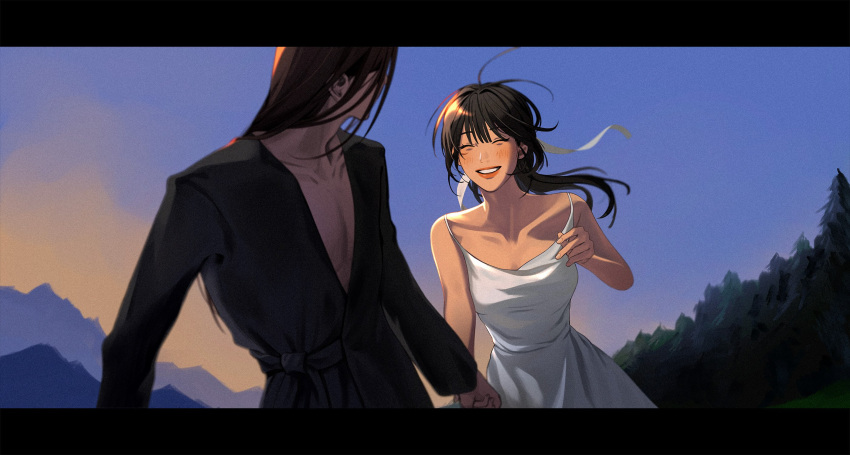 1boy 1girl bare_arms bare_shoulders black_hair black_shirt blunt_bangs blush breasts choyiii cleavage closed_eyes collarbone dress eren_yeager hair_ribbon highres holding_hands long_hair long_sleeves medium_breasts mikasa_ackerman mountain outdoors parted_lips pectorals plunging_neckline ponytail ribbon shingeki_no_kyojin shirt sleeveless sleeveless_dress smile teeth upper_body white_dress white_ribbon