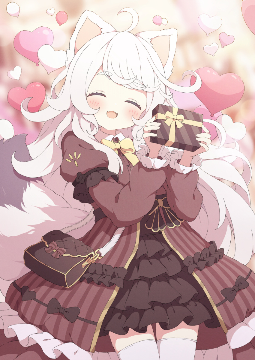1girl animal_ears balloon brown_dress commission cowboy_shot dress fox_ears fox_girl fox_tail gift heart_balloon highres holding holding_gift open_mouth original skeb_commission smile solo tail thighhighs tyakomes variant_set white_hair white_thighhighs