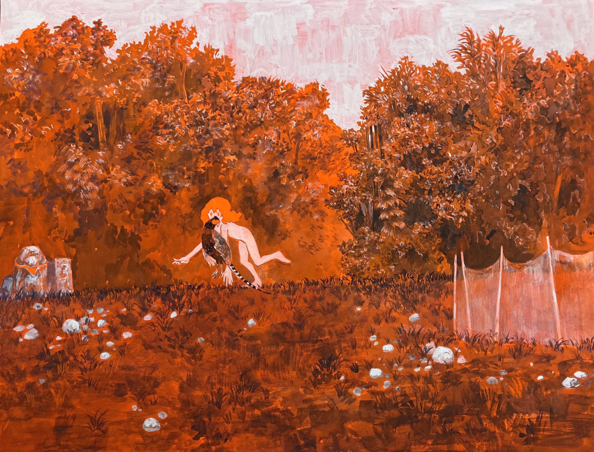 1girl all_fours bird completely_nude feral_child forest full_body grass green_pheasant highres jizou long_hair looking_at_viewer mouth_hold nature nude orange_background orange_eyes orange_hair orange_theme original painting_(medium) pheasant pink_sky rock running sky solo traditional_media tree tsurikawa373