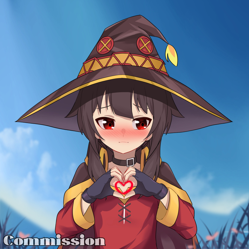 1girl absurdres black_gloves blue_sky blush brown_cape brown_hair brown_headwear cape dress embarrassed fingerless_gloves gloves hat heart heart_hands highres kono_subarashii_sekai_ni_shukufuku_wo! lyourika megumin nose_blush outdoors red_dress red_eyes short_hair_with_long_locks sky solo witch witch_hat