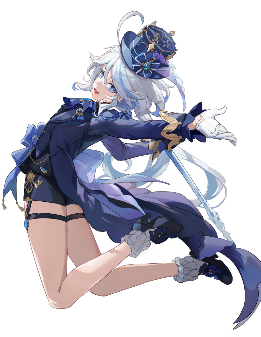 1girl :d absurdres ahoge bare_legs black_footwear blue_hair blue_headwear blue_jacket blue_shorts commentary_request furina_(genshin_impact) genshin_impact gloves hat high_heels highres jacket kuza_brs long_sleeves looking_at_viewer multicolored_hair open_mouth short_shorts shorts smile socks solo streaked_hair thigh_strap thighs top_hat white_gloves white_hair white_socks