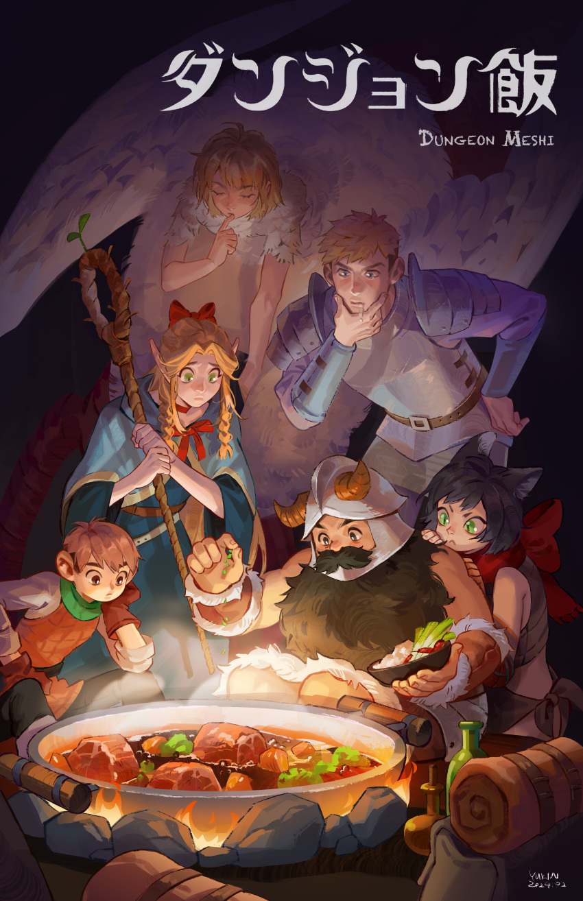 3boys 3girls :&lt; absurdres armor beard black_hair bottle brown_hair cat_girl chilchuck_tims chimera cooking cooking_pot dark_background dungeon_meshi dwarf elf facial_hair fake_horns falin_thorden food gloves halfling hand_on_own_hip helmet highres holding holding_staff horned_helmet horns izutsumi laios_thorden leaning_forward mage_staff marcille_donato meat multiple_boys multiple_girls pointy_ears scarf senshi_(dungeon_meshi) sprinkling staff steam stew vegetable yukinnn