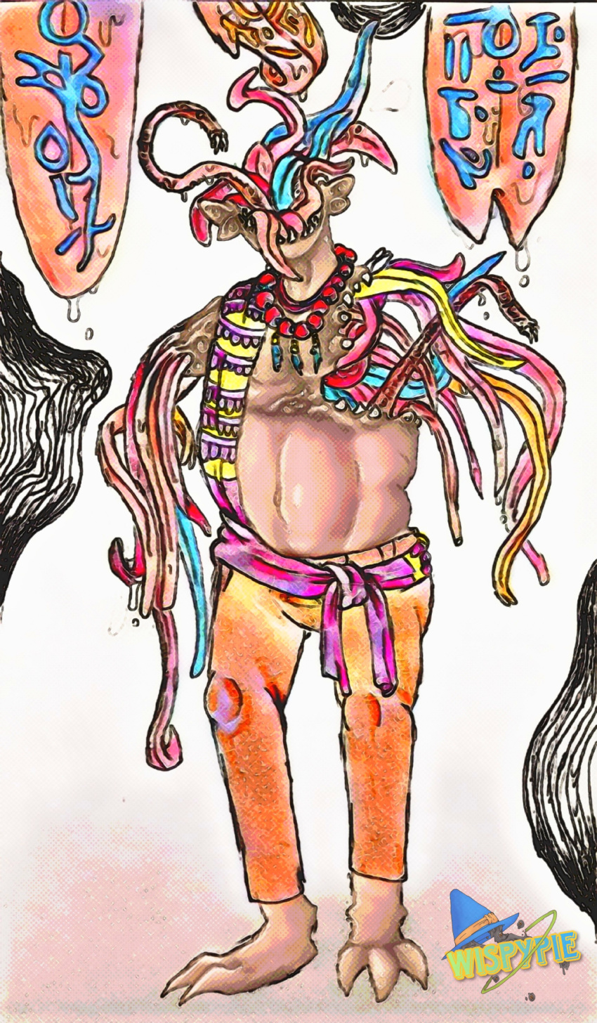 absurd_res bodily_fluids bottomwear clawed_feet clothing deity eyeless hi_res humanoid jewelry magic male markings monster multi_ear multi_limb multi_tongue necklace pants saliva sash shopped simple_background solo tan_body teeth third-party_edit tongue tongue_out traditional_media_(artwork) wispypie