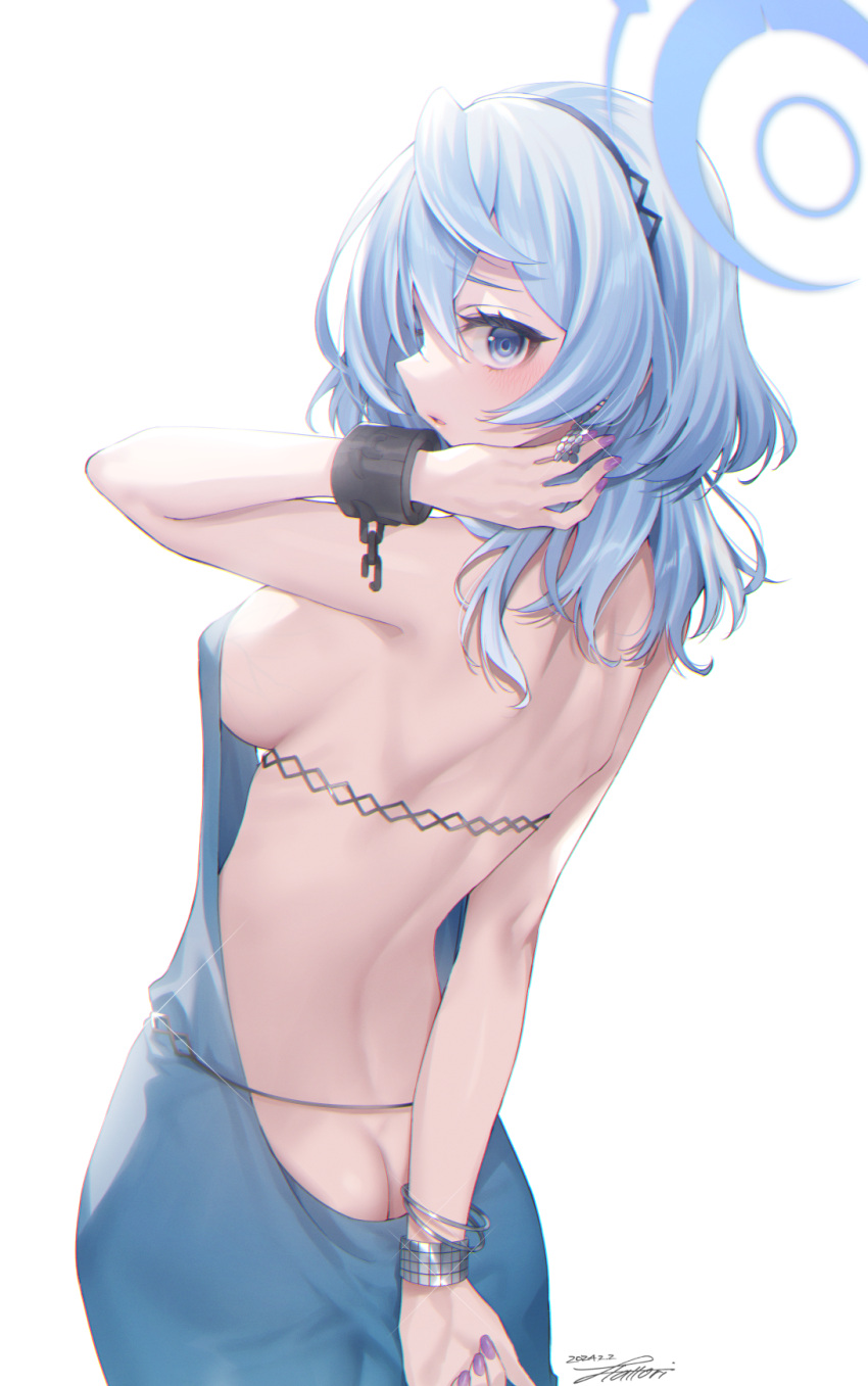 1girl ako_(blue_archive) ako_(dress)_(blue_archive) ass back backless_dress backless_outfit black_hairband blue_archive blue_dress blue_eyes blue_hair blue_halo blush breasts cuffs dated dress earrings fingernails hairband halo handcuffs hattori_masaki highres jewelry large_breasts long_hair nail_polish official_alternate_costume open_mouth purple_nails sideboob signature simple_background sleeveless sleeveless_dress solo white_background