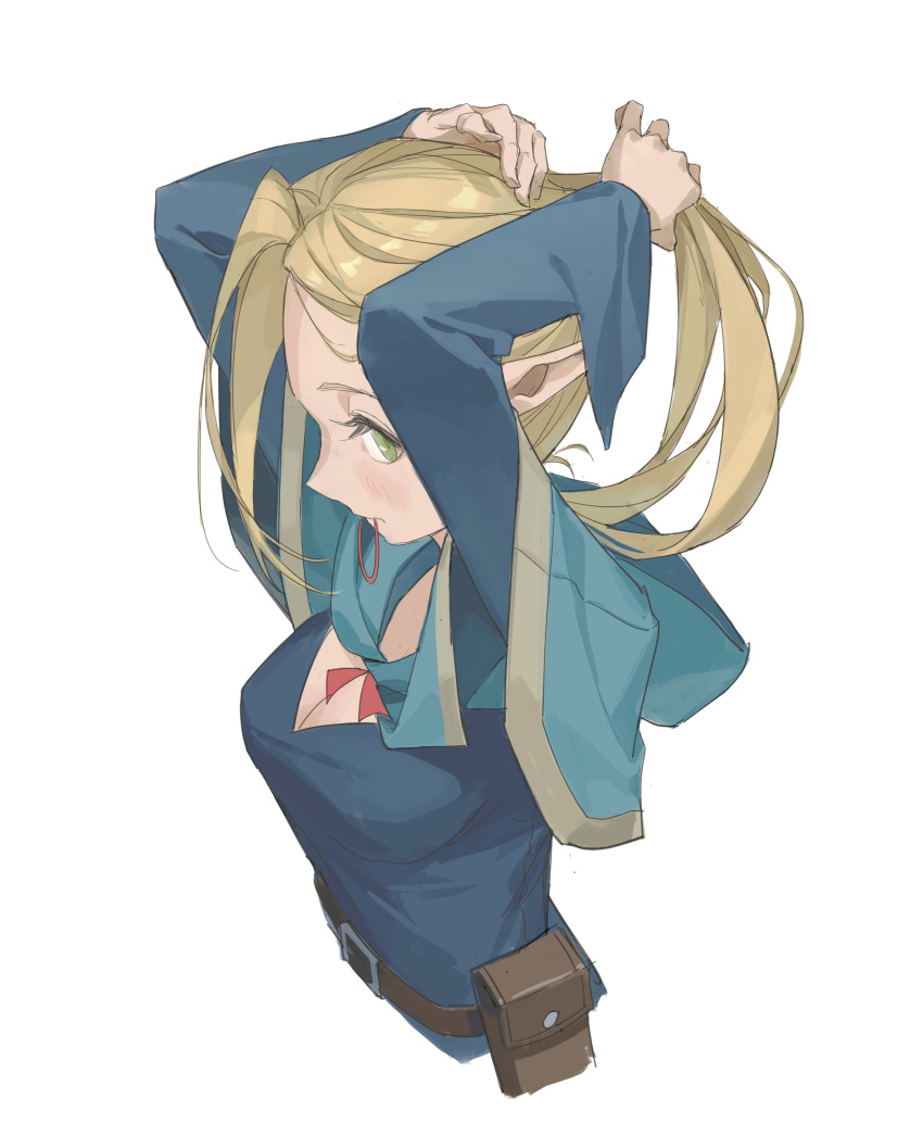 1girl absurdres adjusting_hair belt belt_pouch blonde_hair blue_capelet blue_robe breasts capelet cleavage dododo dungeon_meshi elf green_eyes hair_tie_in_mouth hand_in_own_hair hands_in_hair highres hood hooded_capelet large_breasts marcille_donato mouth_hold pointy_ears pouch robe simple_background solo white_background