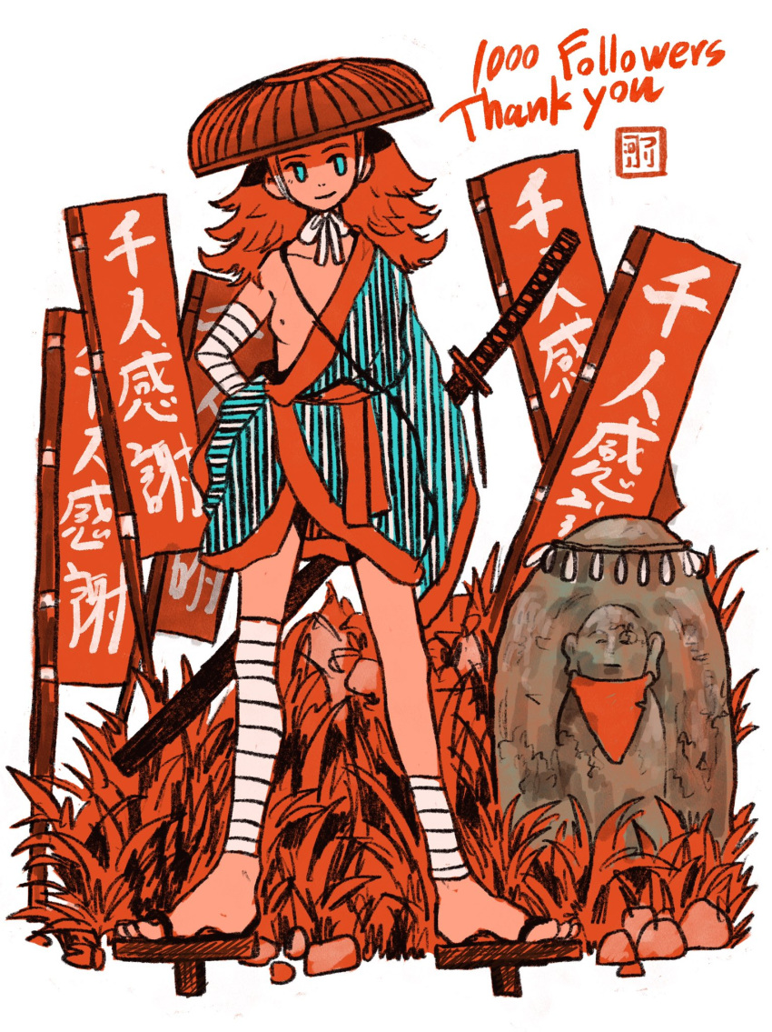 1girl arm_wrap artist_logo asymmetrical_legwear blue_eyes breasts closed_mouth english_text full_body geta grass hand_on_own_hip hat highres japanese_clothes jingasa jizou katana leg_wrap limited_palette long_hair long_sleeves looking_at_viewer milestone_celebration original red_hair red_headwear sheath sheathed simple_background small_breasts smile solo standing sword tengu-geta thank_you translation_request tsurikawa373 uneven_legwear weapon weapon_behind_back white_background wide_sleeves