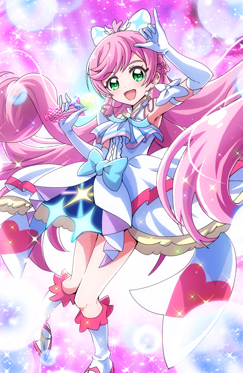 1girl \m/ arm_strap ascot bow braid brooch cure_prism dress dress_bow earrings elbow_gloves futa-futa gloves green_eyes hair_bow highres hirogaru_sky!_precure holding jewelry kneehighs layered_dress lens_flare light_particles long_hair magical_girl nijigaoka_mashiro pink_hair precure short_dress side_braid side_braids sky_mirage sleeveless sleeveless_dress socks solo sparkle standing twin_braids very_long_hair white_ascot white_bow white_dress white_footwear white_gloves wing_brooch