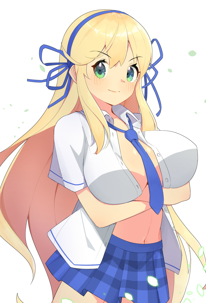 1girl absurdres arm_under_breasts arms_under_breasts blonde_hair blue_necktie blue_ribbon blush breast_hold breasts cleavage crossed_arms emma_(3one3o) green_eyes hair_ribbon hanzou_academy_uniform highres katsuragi_(senran_kagura) large_breasts light_particles linea_alba long_hair looking_at_viewer midriff navel necktie no_bra open_clothes open_shirt panties plaid plaid_skirt ribbon senran_kagura senran_kagura_shoujo-tachi_no_shin'ei shirt simple_background skirt smile solo striped_clothes striped_panties underwear v-shaped_eyebrows very_long_hair white_background white_shirt