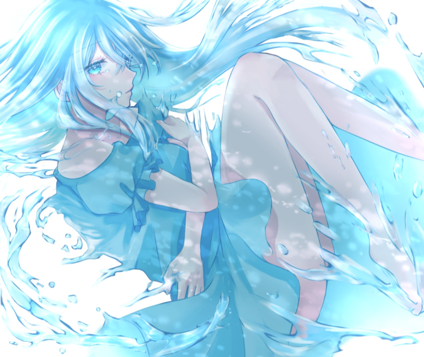 1girl barefoot blue_eyes blue_hair blush dress expressionless knees_up liquid_clothes liquid_hair long_hair looking_at_viewer off-shoulder_dress off_shoulder original self_hug short_sleeves solo suzuko_(suzukosz) very_long_hair water water_drop