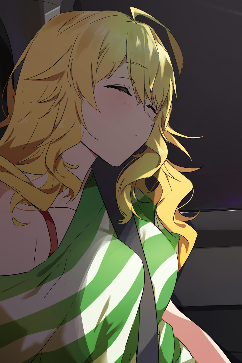 1girl absurdres ahoge between_breasts blonde_hair blush bra_strap breasts car closed_eyes closed_mouth collarbone from_side green_shirt highres hoshii_miki idolmaster idolmaster_(classic) idolmaster_million_live! idolmaster_million_live!_theater_days katsu_(kana) large_breasts long_hair motor_vehicle seatbelt shirt single_bare_shoulder single_off_shoulder sleeping solo strap_between_breasts striped_clothes striped_shirt