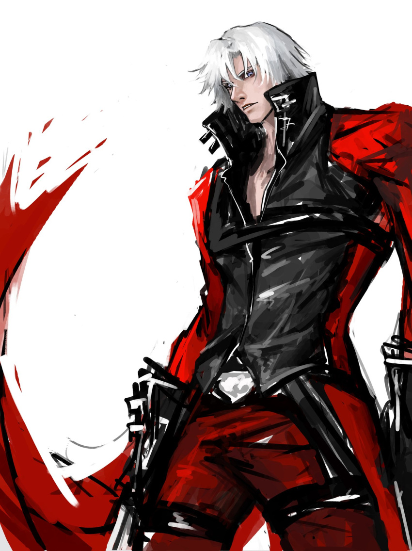 1boy belt bishounen black_gloves blue_eyes canghai coat dante_(devil_may_cry) devil_may_cry_(series) devil_may_cry_2 gloves grey_eyes gun highres holding male_focus red_coat simple_background solo thigh_belt thigh_strap weapon white_hair