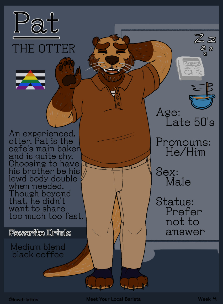 absurd_res anthro beard bowl brown_body brown_fur clothing container facial_hair flag fur grey_body grey_fur hi_res khakis lewd_latte male mammal model_sheet mustelid newspaper otter polo_shirt shirt solo topwear wave