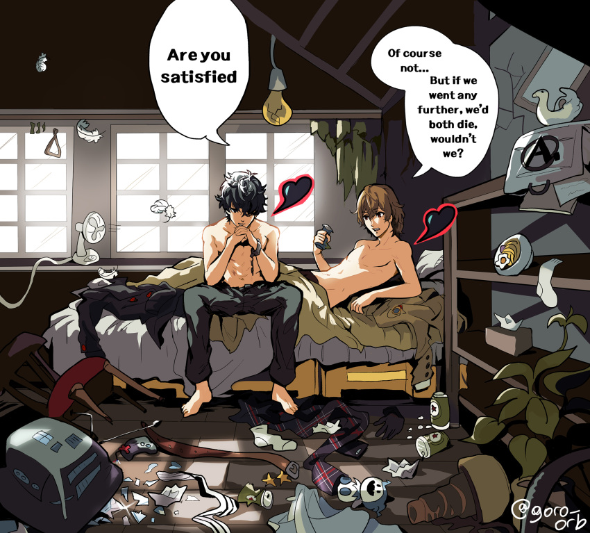 2boys akechi_gorou amamiya_ren barefoot bedroom black_hair broken_handcuffs brown_hair english_text full_body goro_orb hair_between_eyes health_bar highres jack_frost loaded_interior male_focus multiple_boys on_bed open_clothes own_hands_together persona persona_5 persona_5_the_royal red_eyes shelf short_hair sitting speech_bubble tissue_box topless_male twitter_username unworn_clothes window yaoi