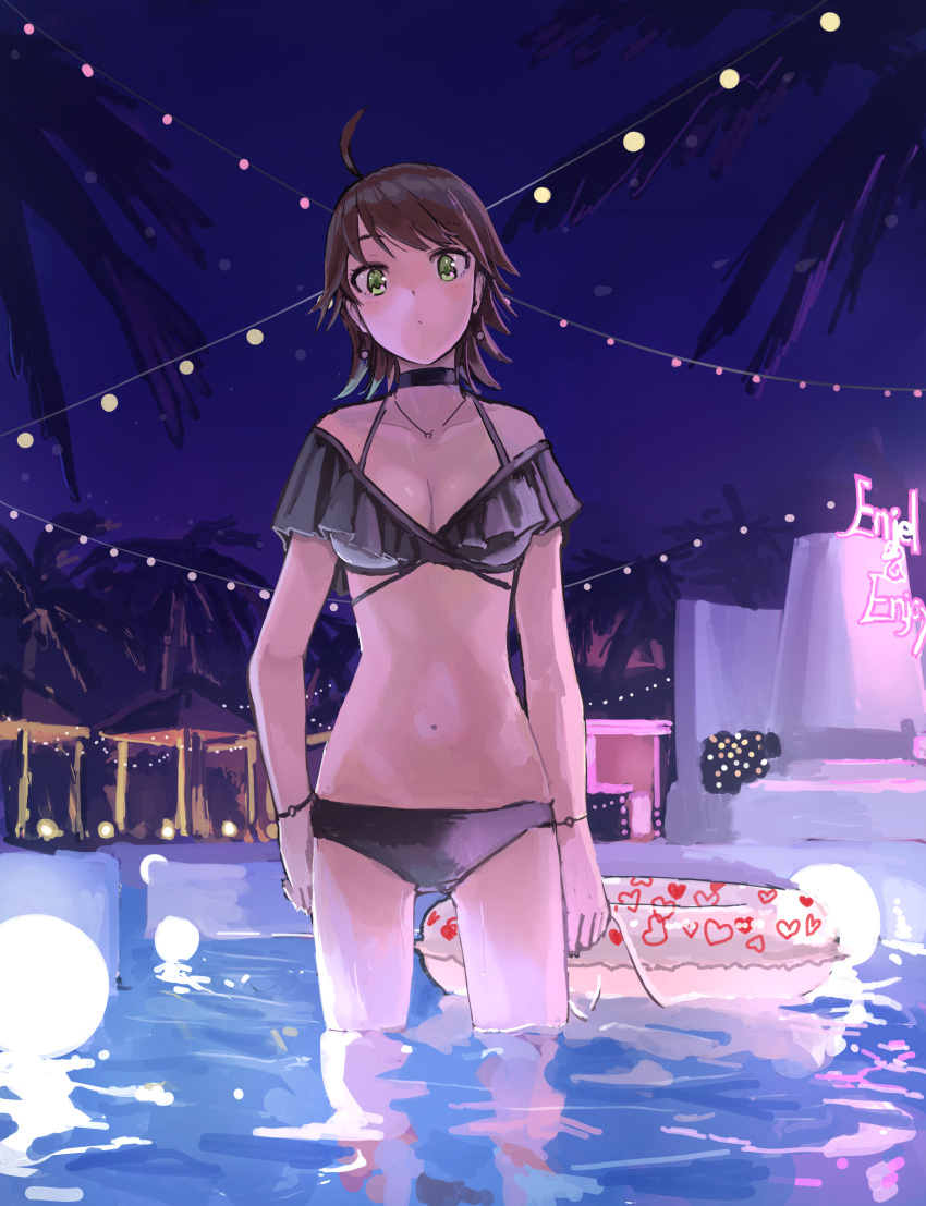 1girl absurdres ahoge awakened_miki bare_shoulders bikini black_bikini black_choker blush bracelet breasts brown_hair choker cleavage closed_mouth collarbone dot_nose earrings epitaph_(1122) green_eyes highres hoshii_miki idolmaster idolmaster_(classic) innertube jewelry lamp large_breasts navel necklace night night_sky palm_tree short_hair sky solo standing swim_ring swimsuit tree wading water