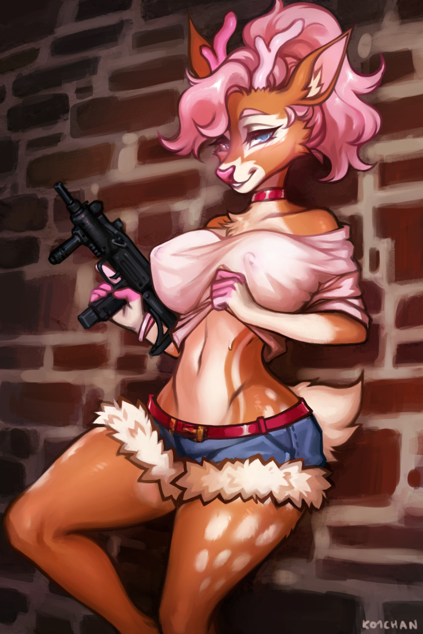 9mm absurd_res anthro antlers badass_woman belt big_breasts bottomwear breasts cervine clothed clothing collar cutoffs deer denim denim_bottomwear denim_clothing eyebrows female fur gun hair hi_res holding_gun holding_object holding_weapon horn iwi ko1chan lexi_cerv looking_at_viewer mammal nipples ranged_weapon realistic_gun shorts smile solo submachine_gun tactical tail topwear translucent translucent_clothing uzi weapon