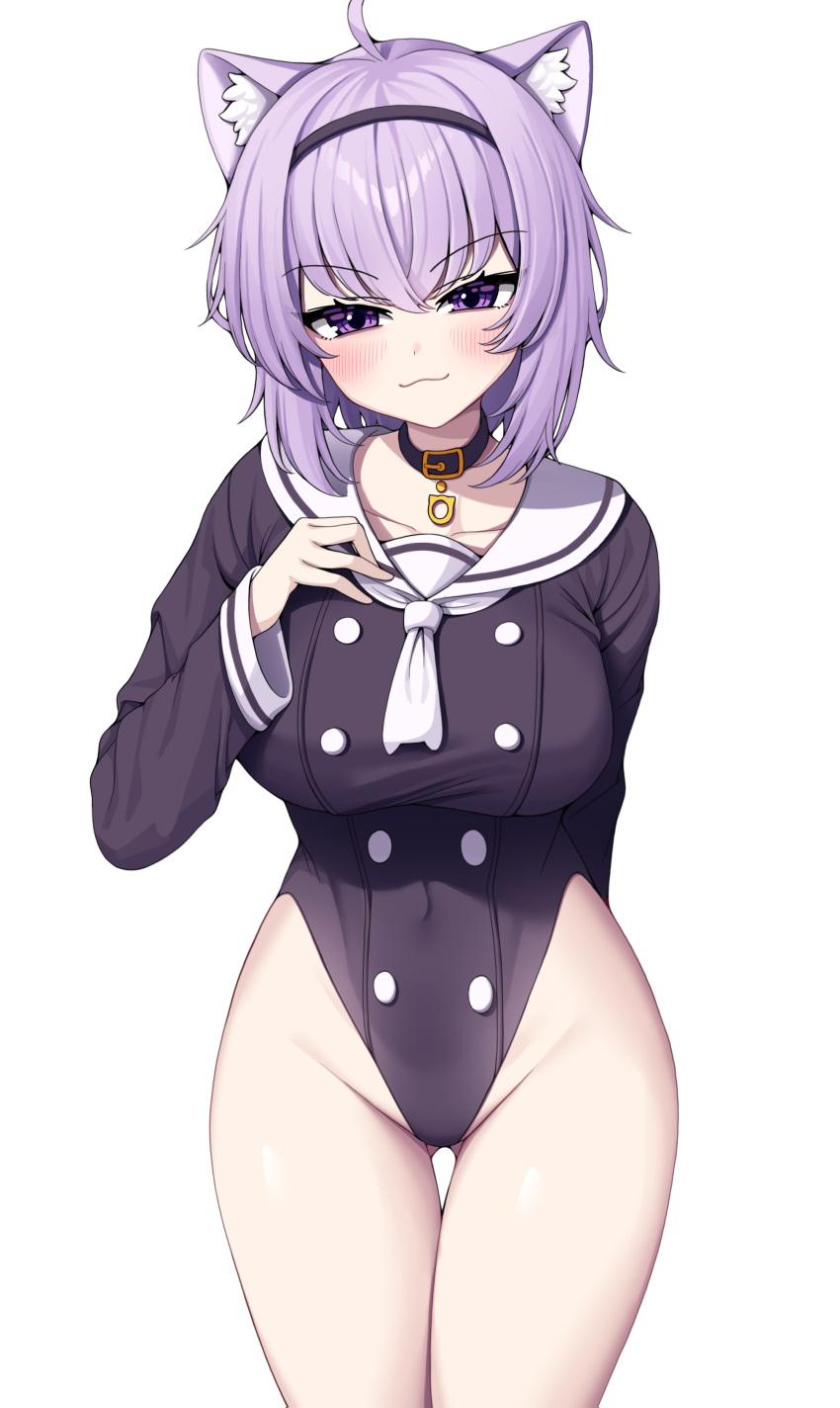 1girl :3 absurdres ahoge animal_ears blush breasts cat_ears cat_girl closed_mouth hairband highres hololive large_breasts leotard long_sleeves metaljelly nekomata_okayu purple_eyes purple_hair short_hair simple_background solo virtual_youtuber white_background