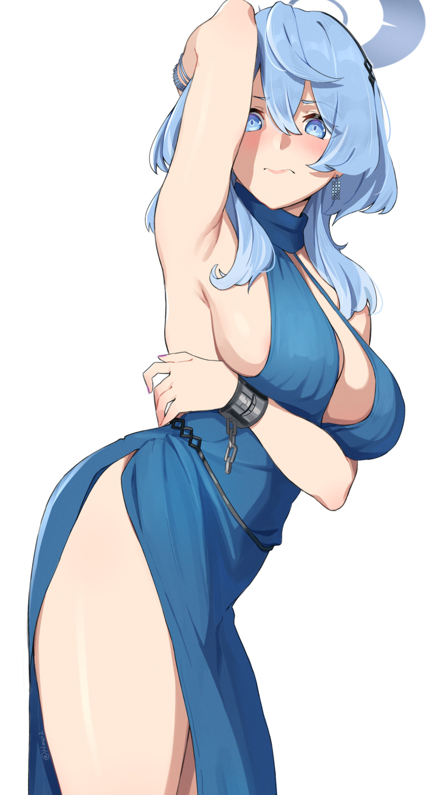 1girl absurdres ako_(blue_archive) ako_(dress)_(blue_archive) arm_behind_head armpits black_hairband blue_archive blue_dress blue_eyes blue_hair blue_halo bracelet breasts chain cleavage closed_mouth commentary dress earrings hairband halo highres himwi jewelry large_breasts looking_at_viewer official_alternate_costume sideless_dress sideless_outfit simple_background single_handcuff sleeveless sleeveless_dress solo thighs white_background