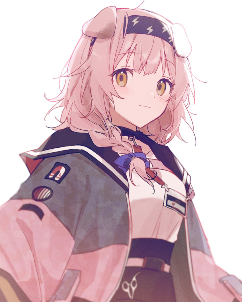1girl animal_ears arknights black_hairband black_skirt blue_bow bow braid breasts brown_eyes cat_ears closed_mouth commentary_request goldenglow_(arknights) hair_bow hair_over_shoulder hairband highres jacket lightning_bolt_print long_hair long_sleeves looking_at_viewer medium_breasts odjikasu one-hour_drawing_challenge open_clothes open_jacket pink_hair pink_jacket print_hairband puffy_long_sleeves puffy_sleeves shirt simple_background single_braid skirt smile solo upper_body white_background white_shirt