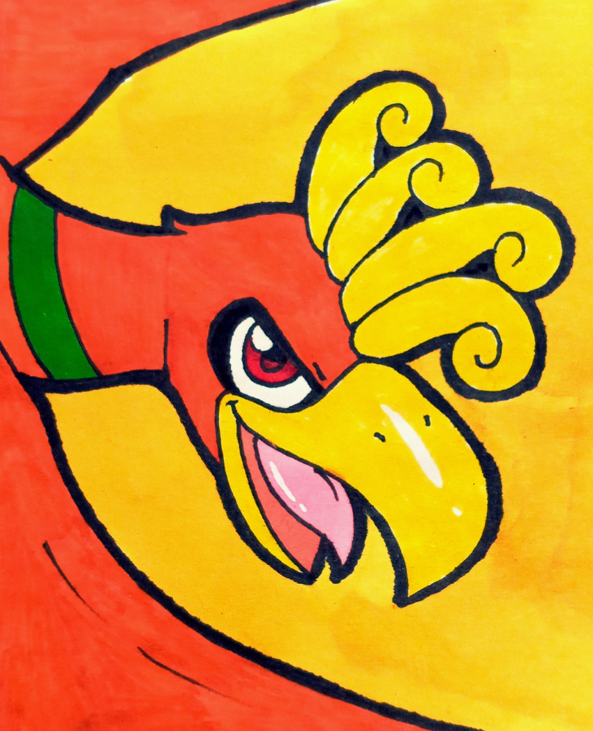 ambiguous_gender avian beak bird feathered_crest feathered_wings feathers feral generation_2_pokemon glury_the_unown head_crest headshot_portrait hi_res ho-oh legendary_pokemon looking_at_viewer mythological_avian mythological_bird mythological_creature mythological_firebird mythology nintendo open_beak open_mouth orange_body orange_feathers pokemon pokemon_(species) portrait red_eyes simple_background smile solo tongue traditional_media_(artwork) wings yellow_background