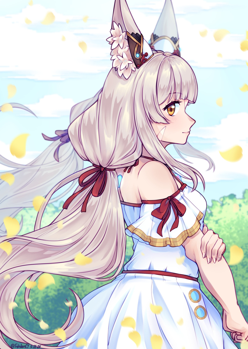 1girl absurdres animal_ear_fluff animal_ears artist_name bare_shoulders blue_sky blunt_bangs cat_ears closed_mouth cloud dated dress english_commentary eyelashes falling_petals fehden grabbing_own_arm grey_hair highres long_hair nia_(blade)_(xenoblade) nia_(xenoblade) off-shoulder_dress off_shoulder outdoors petals sky solo twitter_username white_dress xenoblade_chronicles_(series) xenoblade_chronicles_2 yellow_eyes