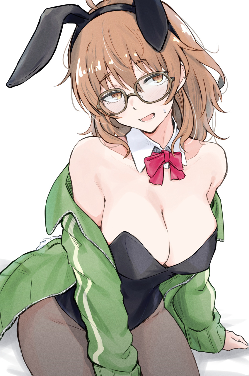 1girl absurdres alternate_costume animal_ear_hairband animal_ears araki_hina arm_support bare_shoulders black_leotard black_pantyhose bow bowtie breasts cleavage detached_collar fake_animal_ears fake_tail glasses green_jacket groin hairband highres idolmaster idolmaster_cinderella_girls jacket jacket_partially_removed large_breasts leotard looking_at_viewer orange_hair pantyhose playboy_bunny rabbit_ear_hairband rabbit_ears rabbit_tail red_bow red_bowtie simple_background sitting solo strapless strapless_leotard sweatdrop tail track_jacket unu_(unucence) white_background