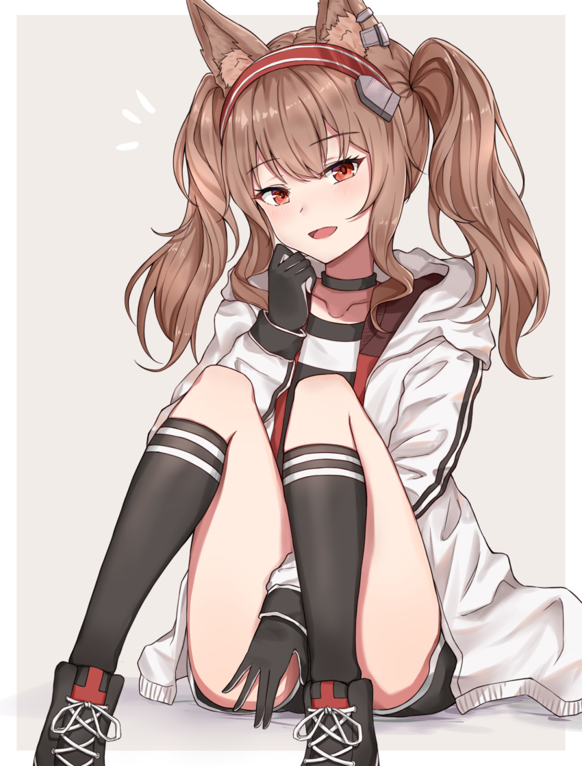 1girl angelina_(arknights) animal_ears arknights bangs blush brown_eyes brown_hair choker collarbone earpiece eyebrows_visible_through_hair eyelashes fox_ears gloves grey_background hairband highres kneehighs knees_up looking_at_viewer mango_(mgo) pale_skin shirt shoes shorts smile sneakers thighs twintails white_coat