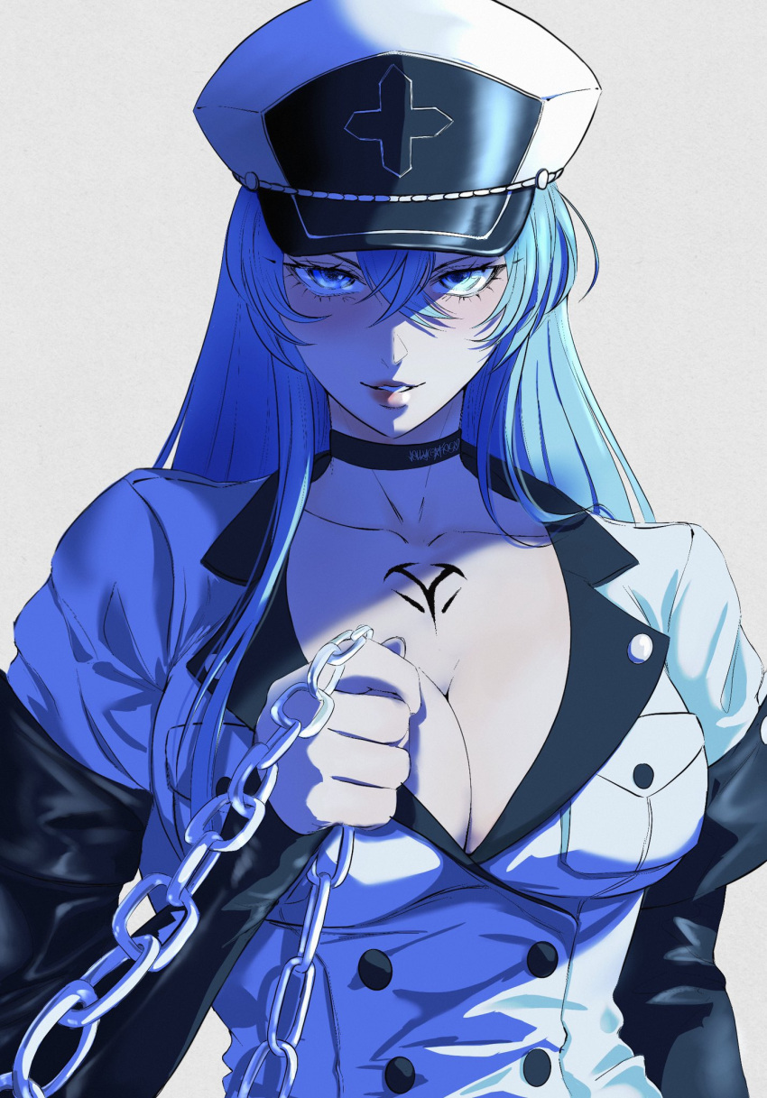 1girl akame_ga_kill! blue_eyes blue_hair blush breasts chest_tattoo choker cleavage commission esdeath femdom hair_between_eyes hat highres jellycaaakes large_breasts long_hair long_sleeves looking_at_viewer military military_uniform no_bra peaked_cap sadism shaded_face shadow smile solo tattoo uniform