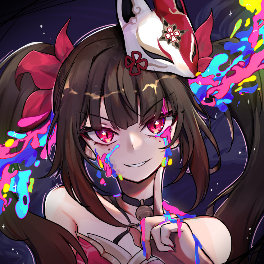 1girl :d bare_shoulders bell black_choker bow brown_hair choker collarbone colorful criss-cross_halter dress eyeliner finger_to_cheek fox_mask grin hair_bow halterneck highres honkai:_star_rail honkai_(series) index_finger_raised kaguya_(kaguyafae) long_hair looking_at_viewer makeup mask mask_on_head nail_polish neck_bell open_mouth paint_splatter paint_splatter_on_face pink_eyes portrait red_bow red_dress red_eyeliner red_nails sidelocks sleeveless sleeveless_dress smile solo sparkle_(honkai:_star_rail) straight-on teeth twintails v-shaped_eyebrows