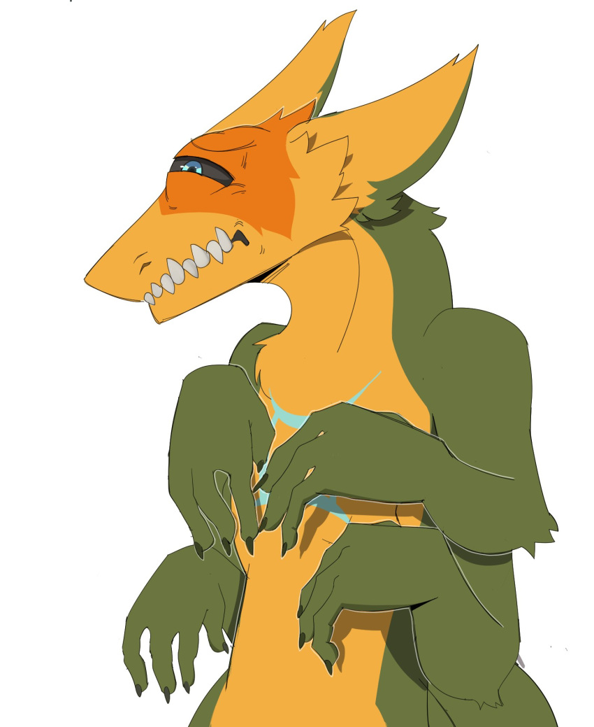 1_eye 4_arms alien anthro black_nails blue_eyes clenched_teeth colored_nails fur gemini_the_sergal green_body green_fur hi_res male mangoyena multi_arm multi_limb mutation nails one_eye_half-closed orange_body orange_fur sergal solo teeth yellow_body yellow_fur