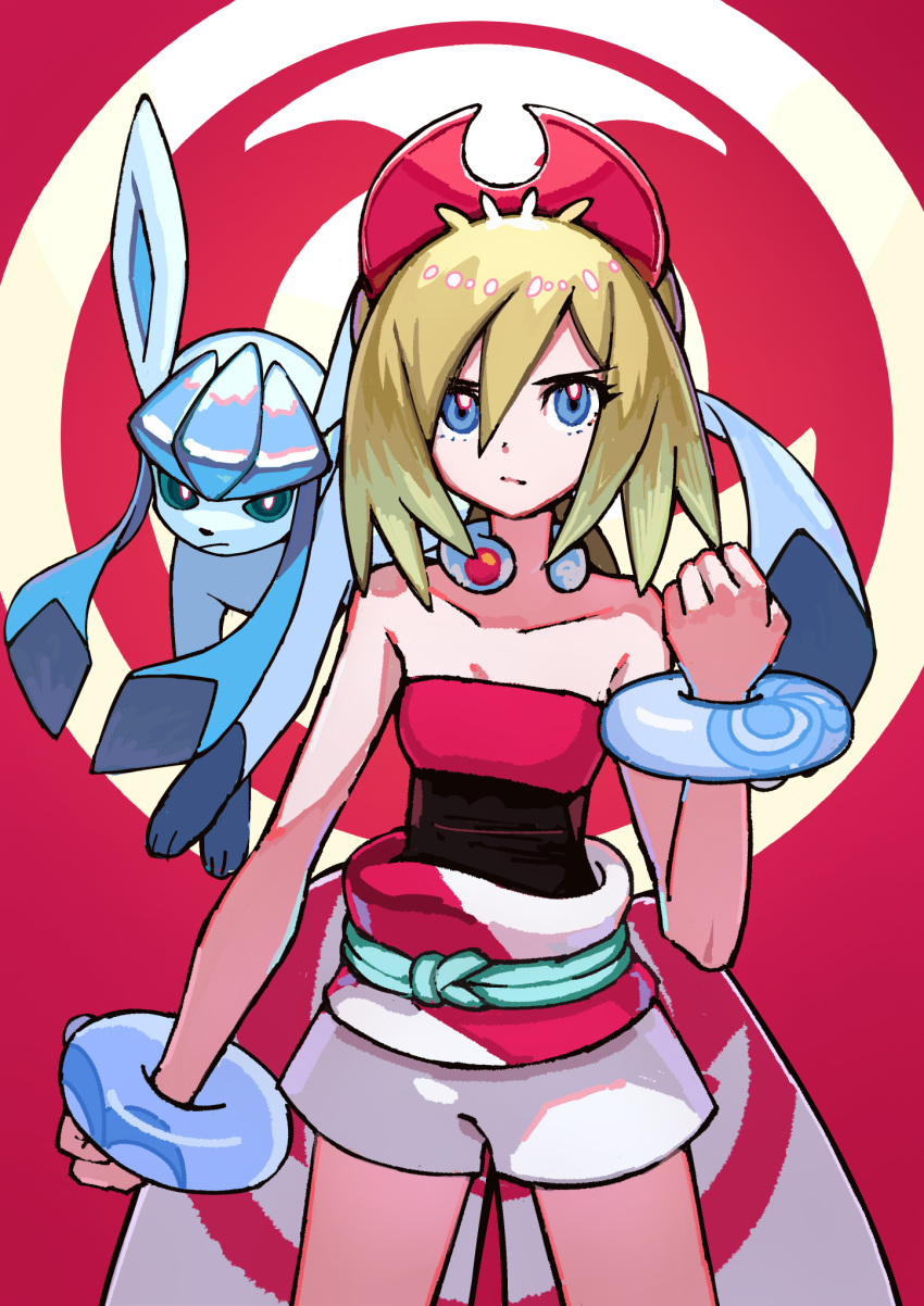 1girl bangle bare_shoulders blonde_hair blue_eyes bracelet clenched_hands closed_mouth glaceon hair_between_eyes hairband highres irida_(pokemon) jewelry kaneni looking_at_viewer neck_ring pokemon pokemon_(creature) pokemon_legends:_arceus red_hairband shorts simple_background strapless waist_cape white_shorts