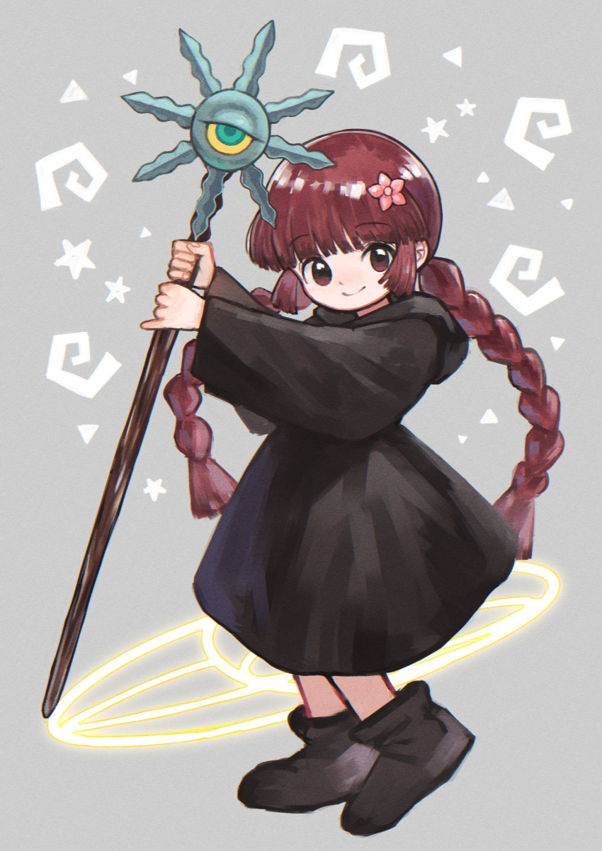 1girl black_footwear black_robe blunt_bangs boots braid full_body hair_ornament highres holding holding_staff hood hood_down hooded_robe kaneni kukuri_(mahoujin_guruguru) long_hair long_sleeves looking_at_viewer mahoujin_guruguru red_eyes red_hair robe sidelocks simple_background solo staff standing star_(symbol) twin_braids very_long_hair