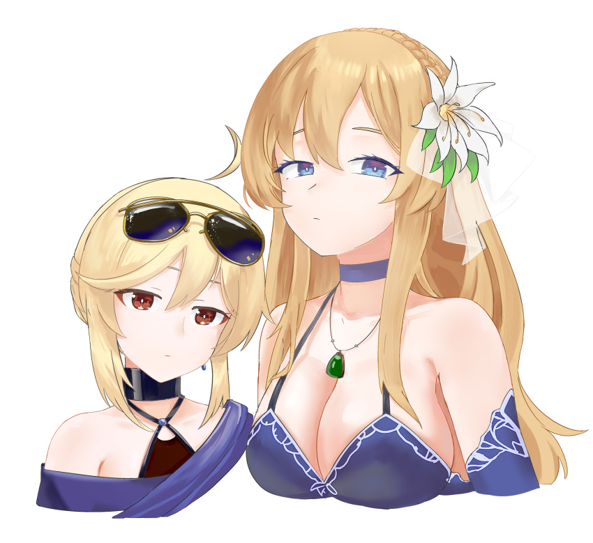 2girls ahoge black_choker blonde_hair blue_eyes braid breasts choker cleavage cropped_torso dress expressionless eyewear_on_head flower french_braid girls'_frontline hair_between_eyes hair_flower hair_ornament highres jewelry long_hair looking_at_viewer mosin-nagant_(girls'_frontline) mosin-nagant_(moonlit_ocean)_(girls'_frontline) multiple_girls nagant_revolver_(cream_in_the_nebula)_(girls'_frontline) nagant_revolver_(girls'_frontline) necklace official_alternate_costume purple_choker purple_dress red_eyes shenqi_xiaohuang short_hair simple_background sunglasses upper_body white_background