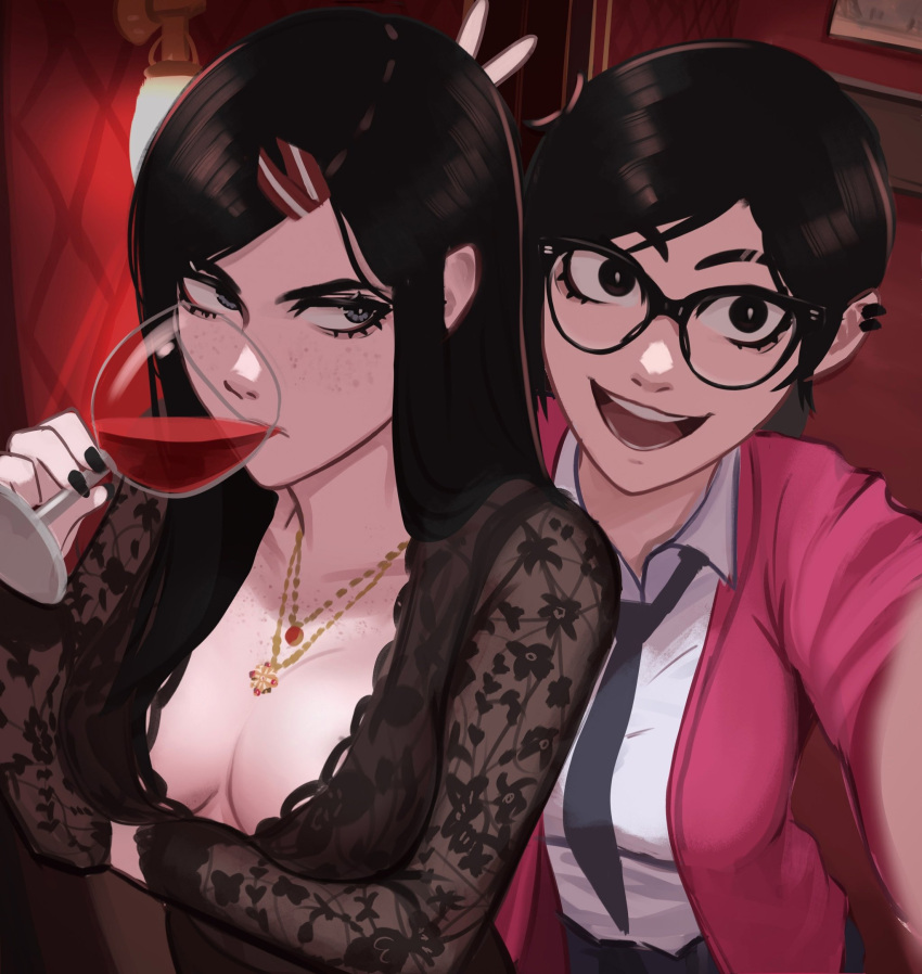 2girls annoyed arm_under_breasts black-framed_eyewear black_eyes black_hair black_nails black_necktie black_shirt blue_eyes body_freckles breasts bunny_ears_prank cardigan cleavage cup dress_shirt drinking drinking_glass earclip excited floral_print_shirt freckles glasses highres indoors jewelry kadence_(veyonis) lace_shirt lace_trim large_breasts long_hair looking_at_another medium_breasts multiple_girls necktie open_mouth original pink_cardigan ponytail rosen_(veyonis) see-through selfie shirt short_hair straight_hair v veyonis white_shirt wide-eyed wine_glass