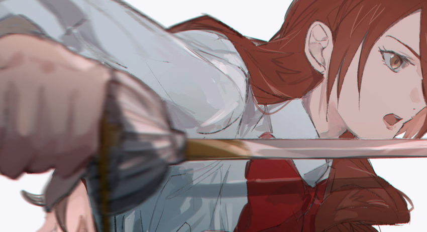 1girl biiko_(king1015g) blurry blurry_foreground bow bowtie collared_shirt fighting_stance from_side hair_over_one_eye highres holding holding_sword holding_weapon kirijou_mitsuru long_hair long_sleeves open_mouth persona persona_3 profile rapier red_bow red_bowtie red_eyes red_hair shirt simple_background sword upper_body weapon white_shirt