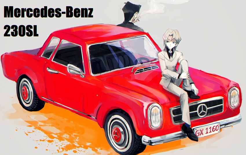 2boys black_footwear black_hair car facing_away grey_jacket grey_pants grey_suit ground_vehicle jacket knee_up license_plate long_sleeves medium_hair mercedes-benz motor_vehicle multiple_boys pants qniokun shoes sitting smoking yuu-gi-ou yuu-gi-ou_gx