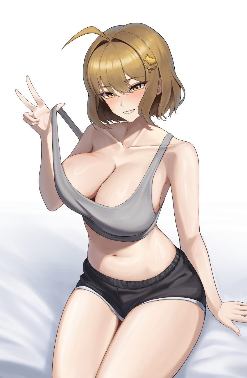 1girl absurdres ahoge anis_(nikke) black_shorts bodam breasts brown_eyes brown_hair cleavage collarbone commentary crop_top goddess_of_victory:_nikke grey_sports_bra hair_ornament hairpin highres large_breasts looking_at_viewer navel on_bed pulled_by_self short_hair shorts simple_background sitting smile solo sports_bra stomach strap_pull thick_thighs thighs w white_background yellow_eyes