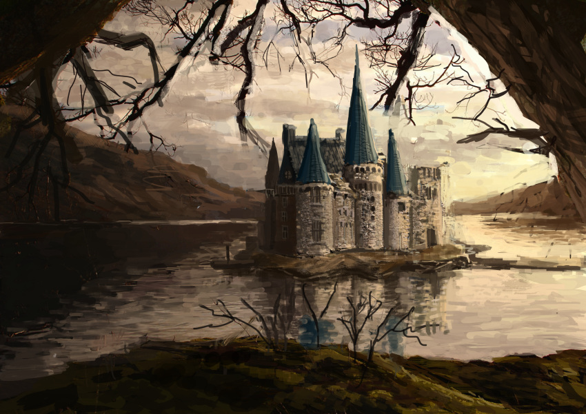 absurdres ame_sagari bare_tree blue_sky castle cloud cloudy_sky commentary fantasy highres lake no_humans original reflection reflective_water scenery sky sunset tree