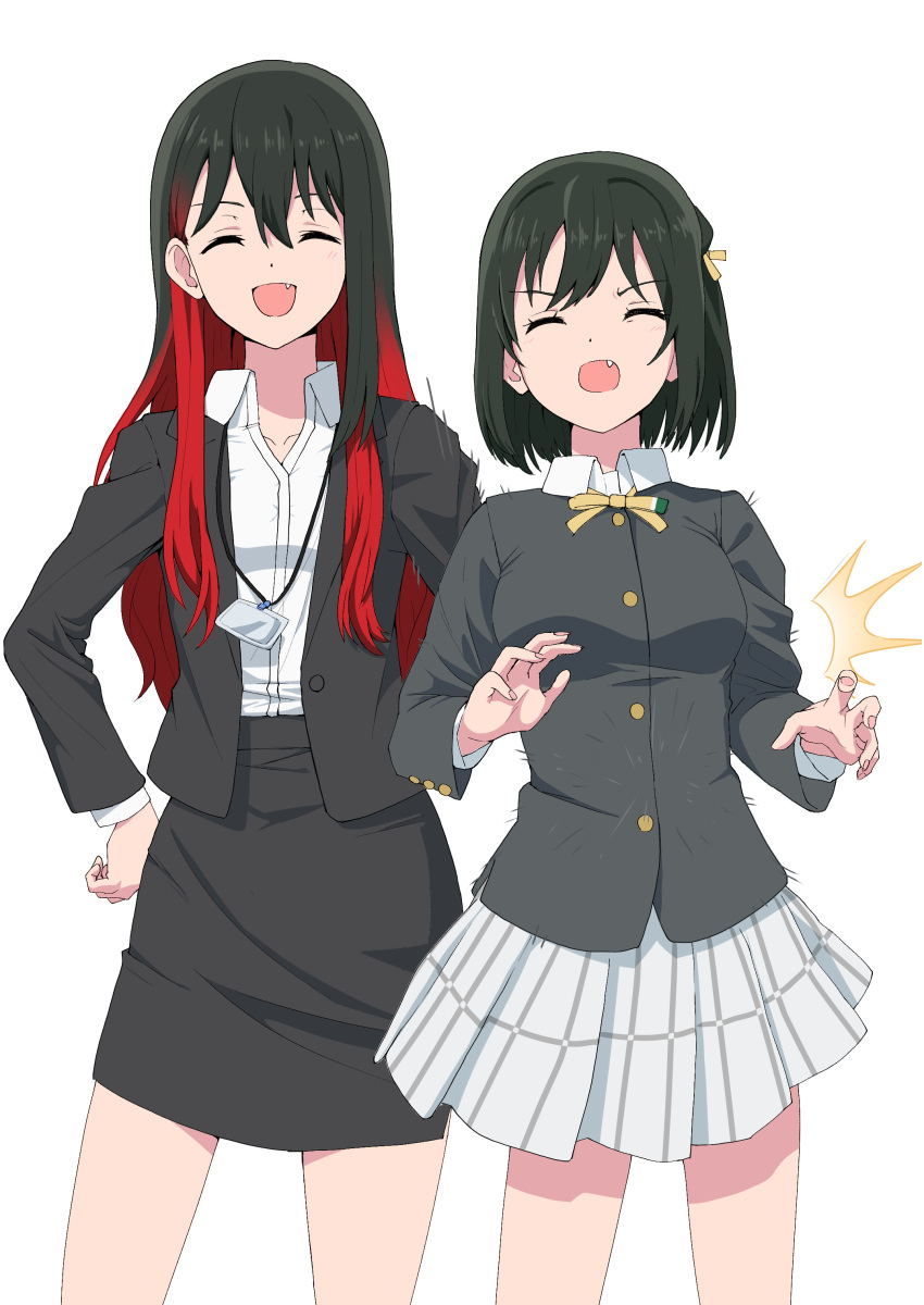 2girls absurdres black_hair black_jacket black_skirt breasts closed_eyes collarbone commentary_request fang hair_between_eyes hair_ribbon highres jacket lanyard long_hair long_sleeves love_live! love_live!_nijigasaki_high_school_idol_club medium_breasts mifune_kaoruko mifune_shioriko motion_lines multicolored_hair multiple_girls neck_ribbon nijigasaki_academy_school_uniform open_mouth pencil_skirt plaid plaid_skirt pleated_skirt red_hair ribbon school_uniform short_hair siblings sisters skirt standing streaked_hair taiyakippassion upper_body v-shaped_eyebrows white_background white_skirt winter_uniform yellow_ribbon