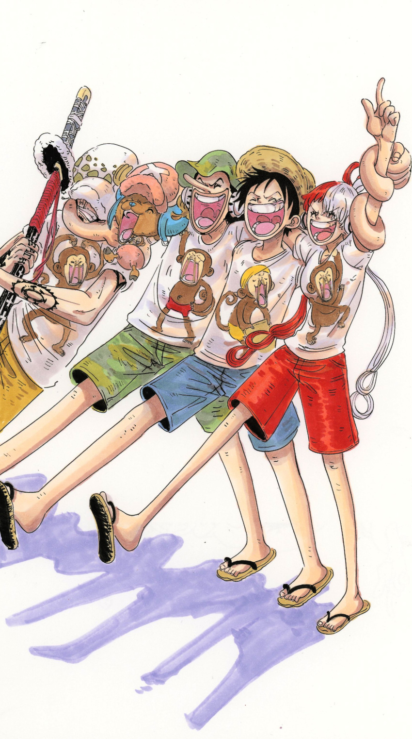 1girl 4boys ^_^ absurdres annoyed bare_legs black_hair blue_shorts breasts casual closed_eyes closed_mouth disgust fengcheche grabbing grabbing_from_behind green_hair green_shorts grin hair_ribbon happy hat headphones highres holding holding_sword holding_weapon hug index_finger_raised long_nose monkey monkey_d._luffy multicolored_hair multiple_boys oda_eiichirou_(style) official_style one_piece open_mouth pointing pointing_up print_shirt red_hair red_shorts ribbon sandals scar scar_on_cheek scar_on_chest scar_on_face shadow shirt short_hair short_sleeves shorts simple_background smile smug straw_hat sword teeth tony_tony_chopper trafalgar_law two-tone_hair usopp uta_(one_piece) weapon white_background white_hair white_shirt yellow_shorts